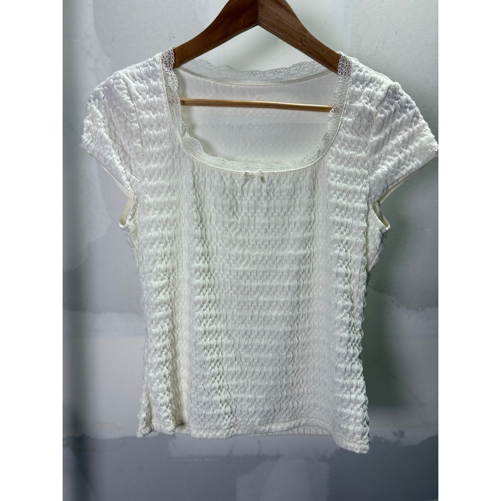 SHEIN Womens White Textured Popcorn Cap Sleeve Square Neck Lace Trim Top Large